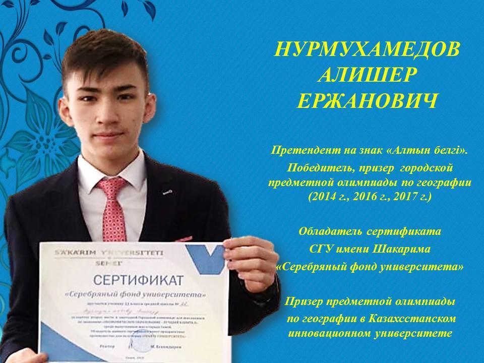 Нурмухамедов Алишер - претендент на знак "Алтын белгі".