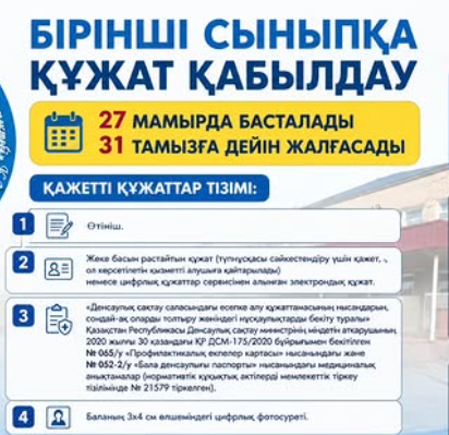 Бірінші сыныпқа құжат қабылдау 27 мамырда басталып 31 тамызға дейін жалғасады.